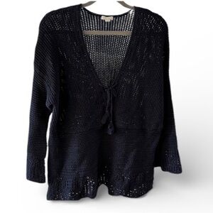 J Jill Open Knit Bell Sleeve Crochet Cotton Sweater Top Petite Large